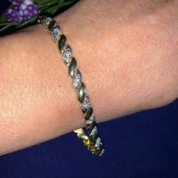 Vintage STERLING SILVER Two Tone Bracelet  Marked JCC -Gold Vermeil & CZ, 7.5" 