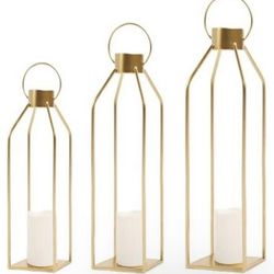 Set of 3 Decor Modern Farmhouse Lantern Decor-Gold Metal Candle Lanterns for Christmas-Lanterns Decorative w/Timer Flickering Candles for Living Room,