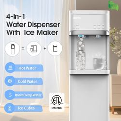 Water dispenser with Ice Maker, SOOPYK Self Cleaning, Bottom Load, Fits 3-5 Gallon, 22lbs Ice/24H, Hot/Room/Cold, Child Lock,White, NEW