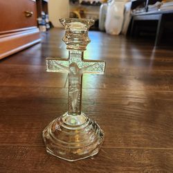 Clear Glass Christ Jesus Catholic Crucifix Cross Candlestick Candle Holder 7 1/8, good condition