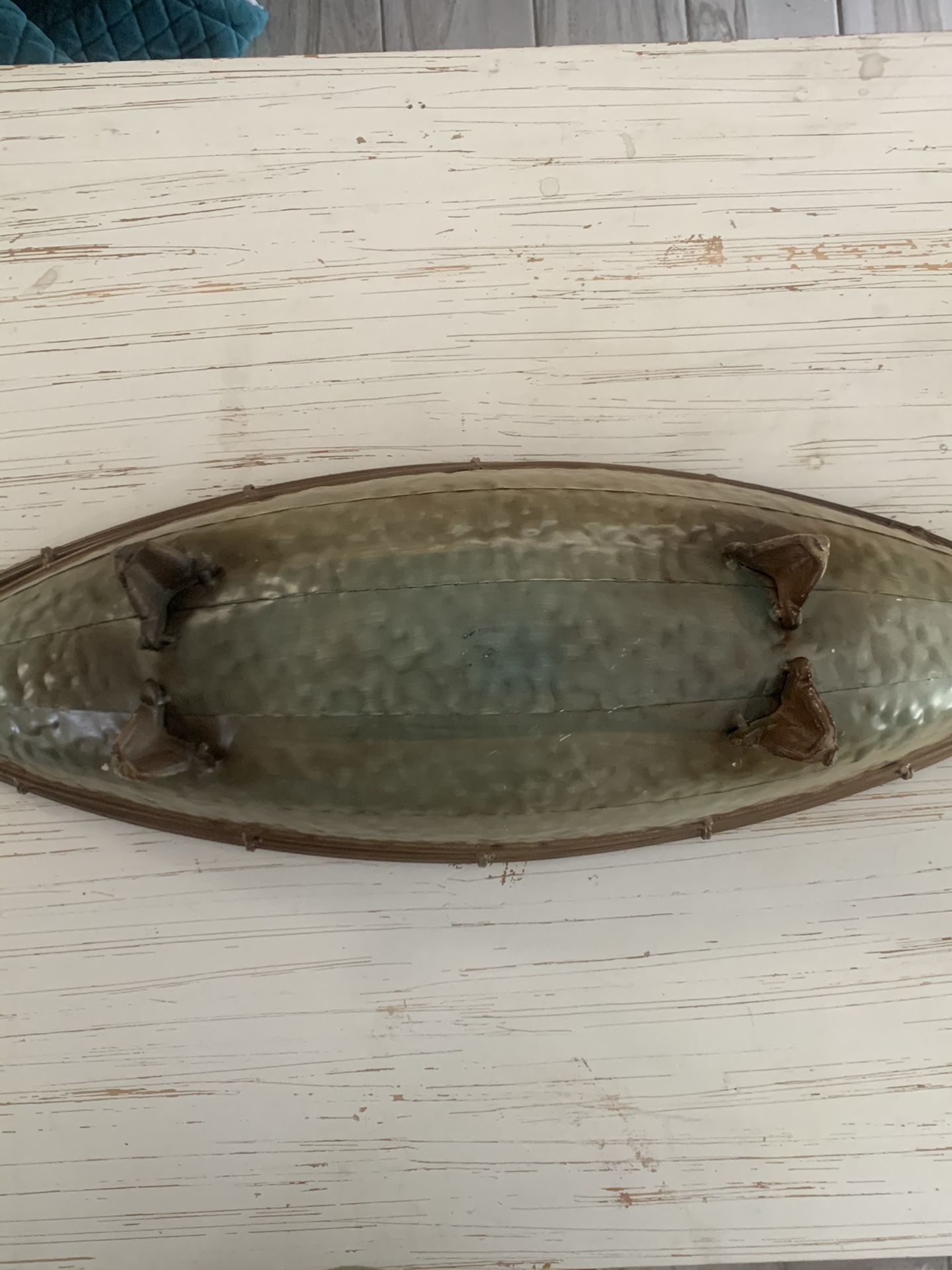 Large hammered metal decorative boat