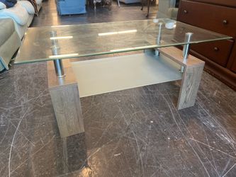 SOLD - Modern Glass-Top Coffee Table with Wood Accents