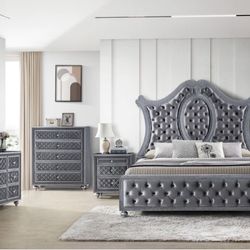 Cameo Gray Upholstered Panel Bedroom Set ( Queen, king, twin, full bedroom set - bed frame- tall dresser, nightstand and chest, mattress options