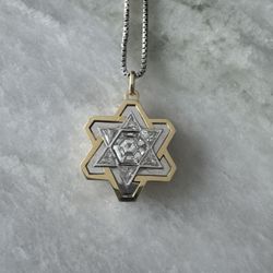 18k Solid Yellow White Gold Diamonds Star of David Pendant Necklace