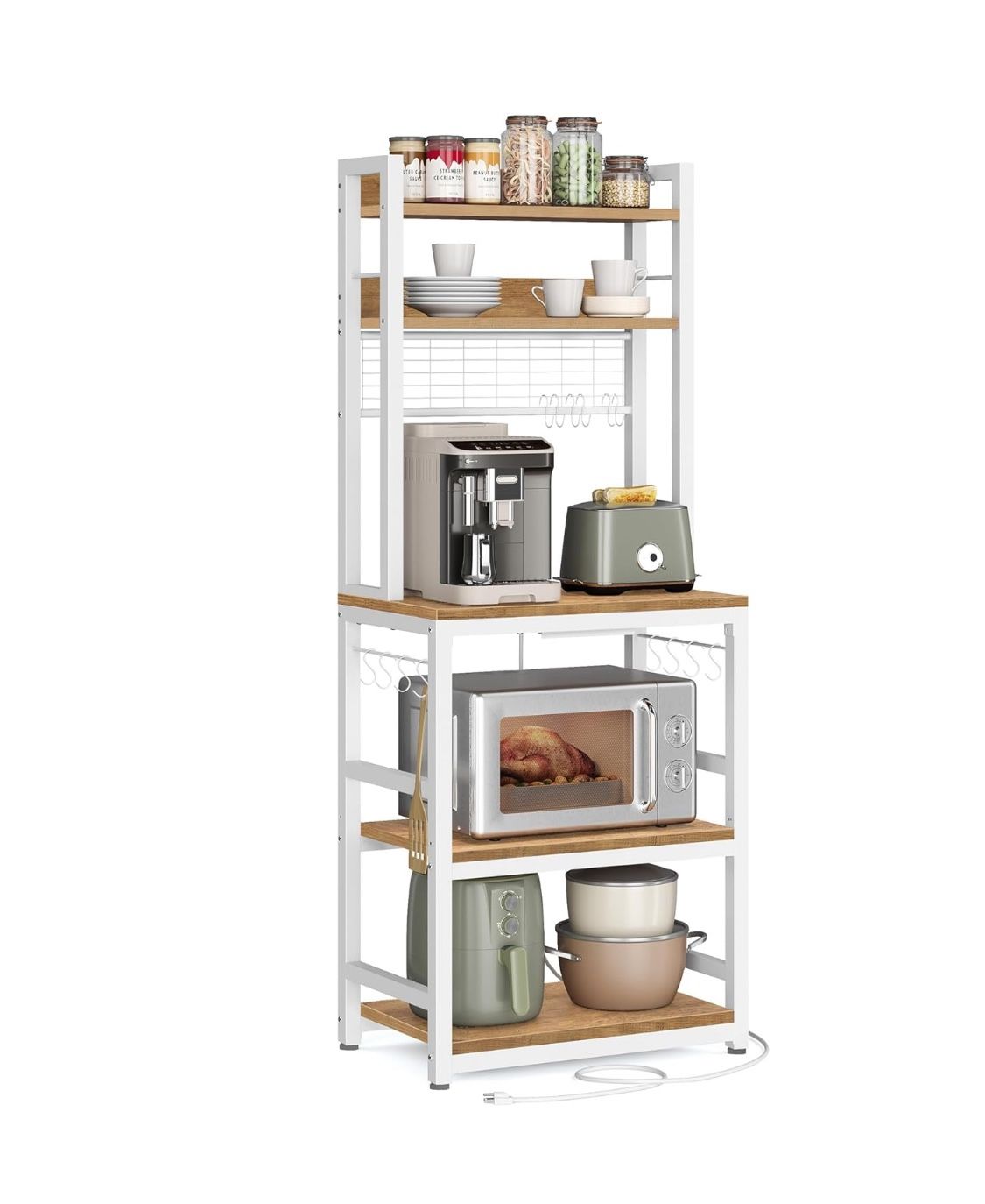 Hutch Bakers Rack with Power Outlet, 14 Hooks Microwave Stand, Adjustable Coffee Bar with Metal Wire Panel, Kitchen Storage Shelf, 15.7 x 23.6 x 66.9 