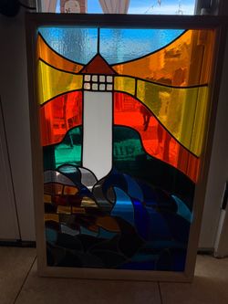 Large Framed Lighthouse Stained Glass Panel, Coastal Wall Art, 32.5” × 21.5”