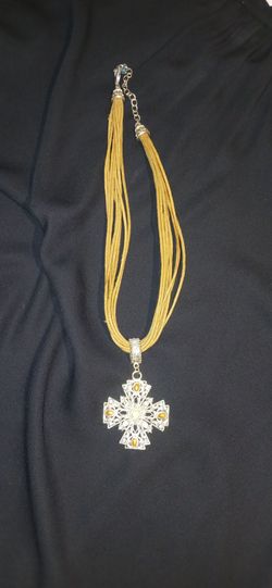 Silver Cross Pendant Multi-Strand Cord Necklace Used