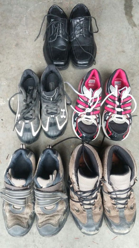 Lot of 6 pairs of size 3 boys kids childrens shoes merrill hiking sneakers leather dress shoes under armour cleats