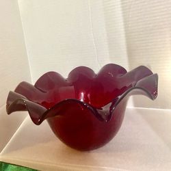 Chri Mid Century Modern Ruffled Rim Art Glass Bowl Ruby Red Glass 12” -R 6”-H