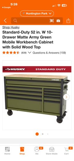 Husky. Standard-Duty 52 in. W 10-Drawer Matte Army Green Mobile Workbench Cabinet with Solid Wood Top has some scratches on the top