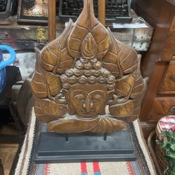 Carved Wood Buddha Head On Stand Statue 17"