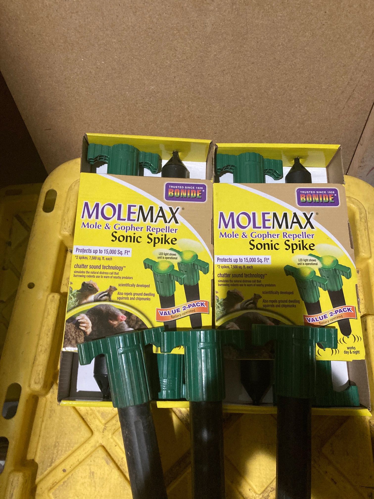 NEW 2 PACK BONIDE MOLEMAX MOLE & GOPHER BATTERY OP. REPELLER SONIC SPIKE