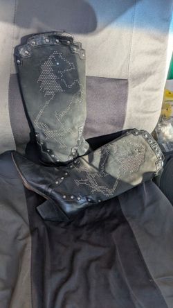 Black Leather Knee-High Boots with Studded Horse Design