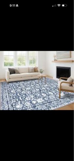8 ft x 10 ft Navy Vintage Floral Pinted Washable Area Rug