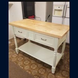 Kitchen Island  Size 52 WideX 25 DeepX3ft Tall...wooden Top And White Bottom 2 Drawers Pull Through Other Side..Good Condition!