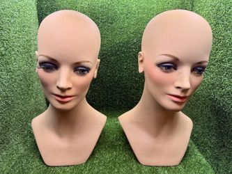 Pair of 2 Vintage Fiberglass Female Mannequin Heads Wig Display Painted Faces