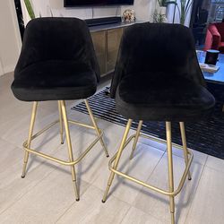 ✨ Set of 2 Adjustable Velvet Bar Stools – Mid-Century / Art Deco Modern – Gold Base