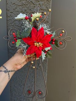 Christmas Poinsettia Decorative Metal Cross