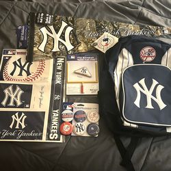 New York Yankees bundle includes a backpack, flag, decals, Fiki baseball, and button pins featuring the team logo