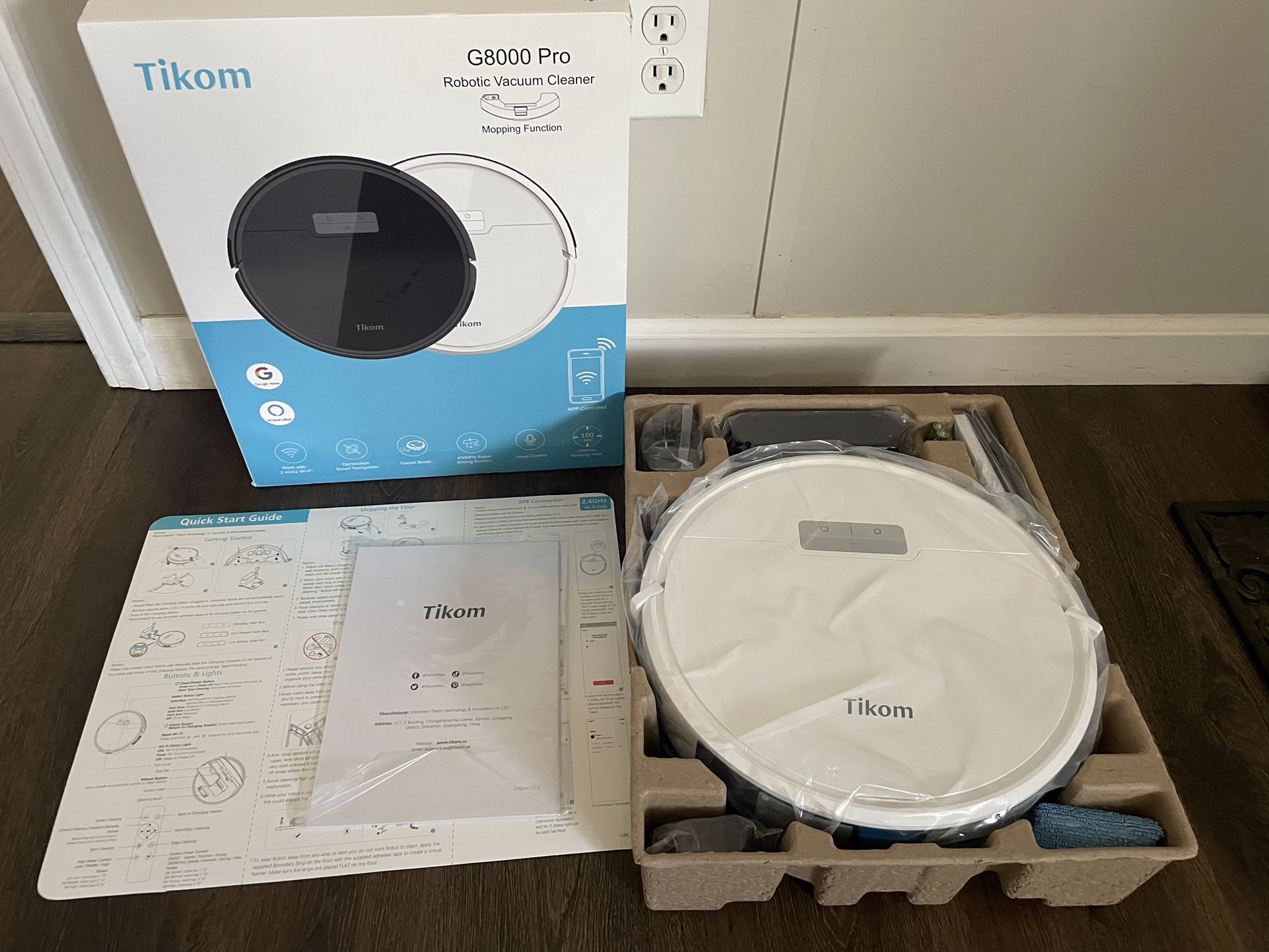 Tikom Robot Vacuum and Mop Combo 2 in 1, 4500Pa Strong Suction, G8000 Pro Robotic Vacuum Cleaner, 150mins Max, Wi-Fi, Self-Charging, Good for Carpet, 