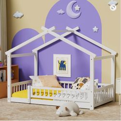 White Wood House Frame Kids Floor Bed + mattress