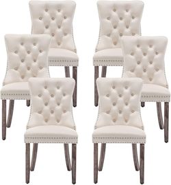 Velvet Dining Chairs, Tufted Kitchen & Dining Room Chairs, Beige, Set of 6 Dining Chairs Set of 6, Velvet Fabric, High Wing Back, Metal Pull Ring, Woo