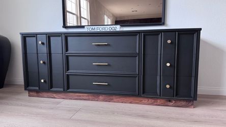 Refinished Black Dresser / Credenza - Walnut Base + Gold Hardware