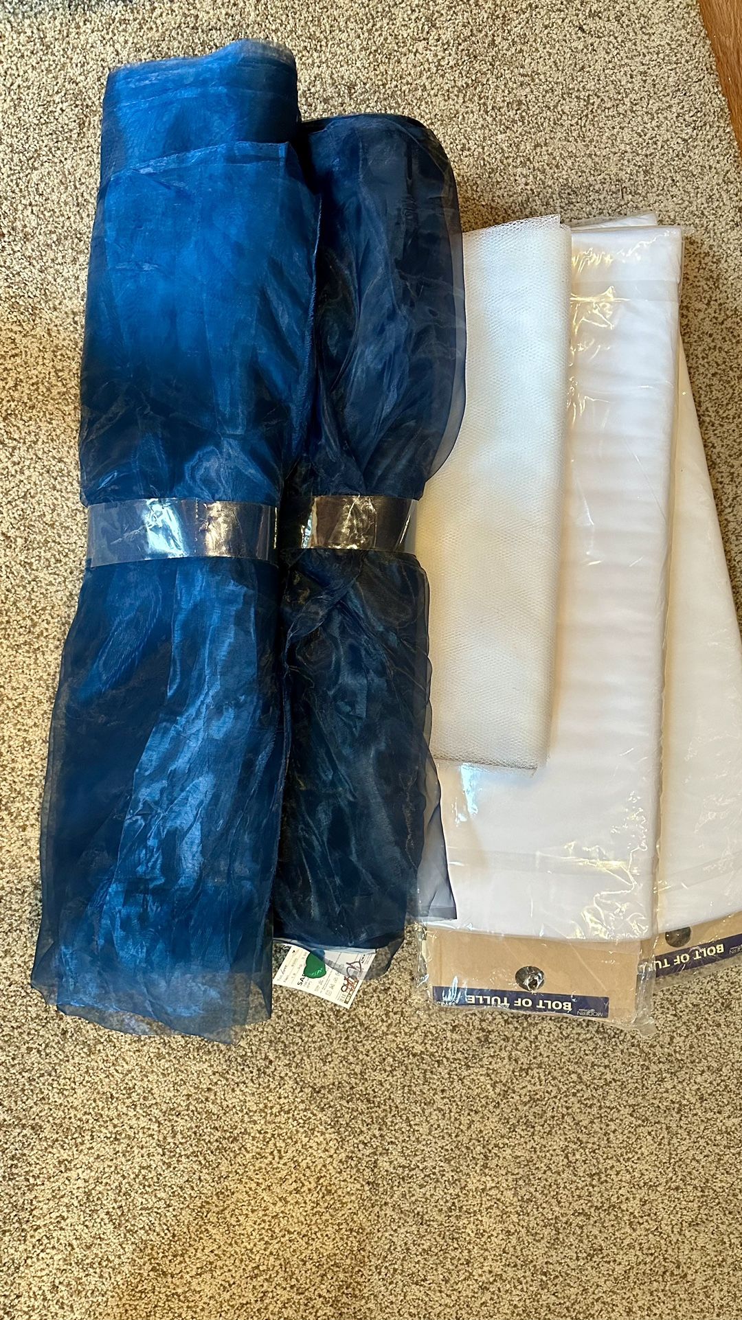 Large Bolts Of White Wedding Tule. 2 Bolts Sapphire Blue Organza. New