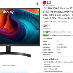 LG 27UK500-B 27'' 4K Gaming Monitor