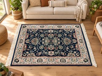 Vintage Oriental Weavers Medallion Area Rug 4x5.3’ (Navy Blue / Cream Floral) Made in Egypt 64x48in