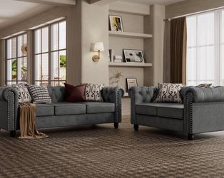 5 Seater Linen Chesterfield Couches, Armchair Loveseat Sofa Set Tufted Couch for Living Room