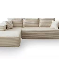 Verve 106 in. Wide Square Arm 2-Piece Modern Plush Corduroy Fabric L-Shape Modular Sectional Sofa in Beige with Chaise