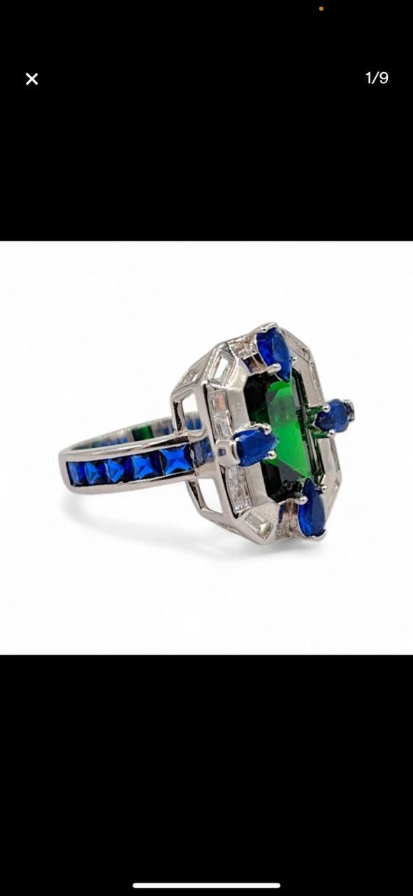 Ring Silver Emerald Sapphire 