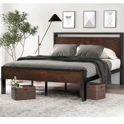 O41 $90 ❤️ 14 Inch Full Size Metal Platform Bed Frame with Wooden Headboard and Footboard, Mattress Foundation, No Box Spring Needed, Large Under Bed 
