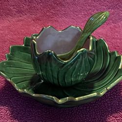 Ceramic Green Leaf Artichoke Style Bowl Spoon 3 Piece Set FLAWLESS!