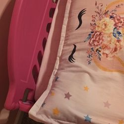 Toddler Mattress only,  cocomelon sheet set, unicorn comforter and sheet set, two additional fitted sheets