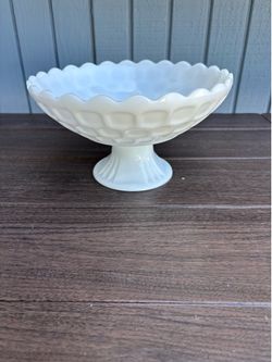 Vintage Federal Glass Thumbprint White Milk Glass Compote Centerpiece Bowl