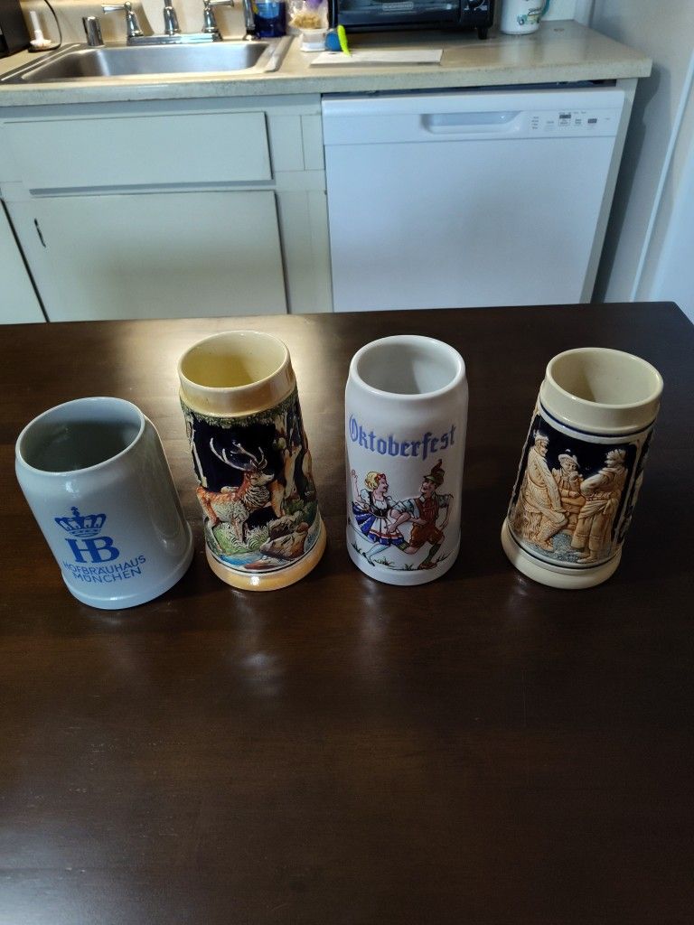 ($125) Three Vintage German Beer Mugs, One Vintage Brazilian Beer Mug And Two Busch Gardens Beer Mugs