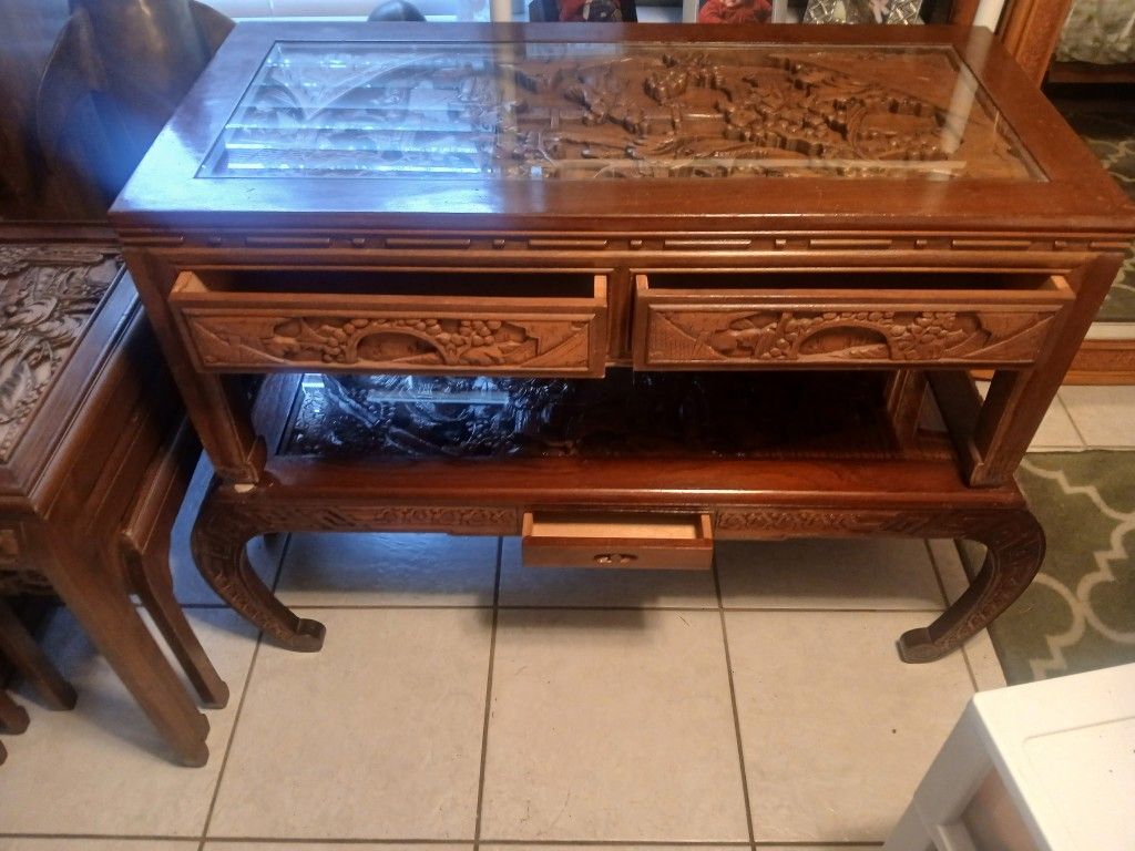 Oriental Rectangle Coffee Table With Two Drawers And Something Underneath Included