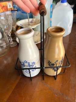 Vintage milk jugs/ with holder