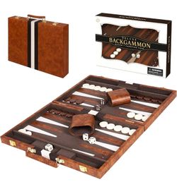Deluxe 15 inch Leatherette Travel Backgammon Set Classic Board Game