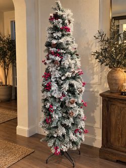 Flocked Slim Artificial Christmas Tree with Berries