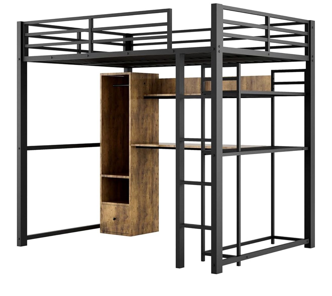 Metal Loft Bed with Desk, Shelves & Wardrobe – Full Size