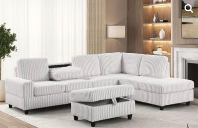 White Corduroy Sectional Sofa with Ottoman