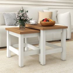 Farmhouse Nesting Table Set of 2, Wooden Coffee Tables, Modern Square End Table, Side Table for Living Room, Bedroom, Accent Bedside Table