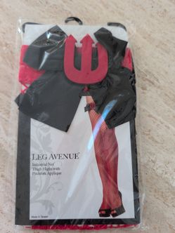 Devilish Industrial Net Thigh High Stockings with Bow & Pitchfork Applique, One Size, Red/Black New #9093