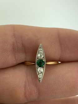 Antique Emerald and Old Mine Diamonds Navette Top Lady's 18Kt Gold Ring ~ Estate