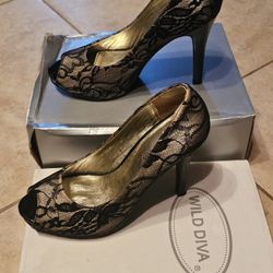 Black Lace Peep Toe Heels 