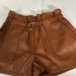 Whiteroom & Cactus New  Faux Leather Shorts Paperbag Waist Size M Dark Tan 2 1/2” Inseam  
