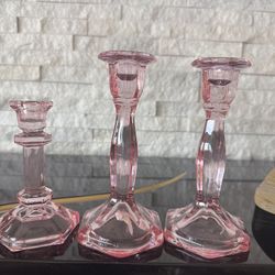 Pink Glass Candle Holders Set Of 3 